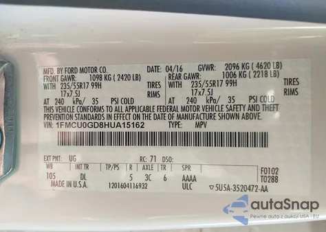 2017 Ford Escape Se z USA, uszkodzony, nr VIN 1FMCU0GD8HUA15162